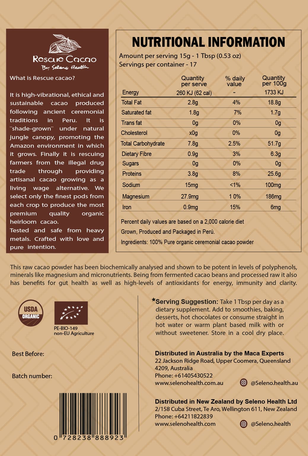 Seleno Ceremonial Cacao Powder 250g